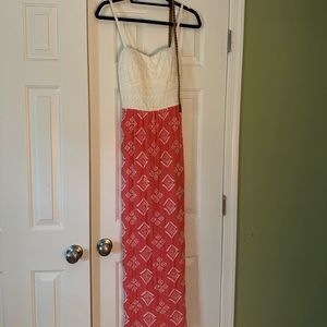 Junior’s Lily Rose tan/peach thin strapped maxi dress size M with brown belt